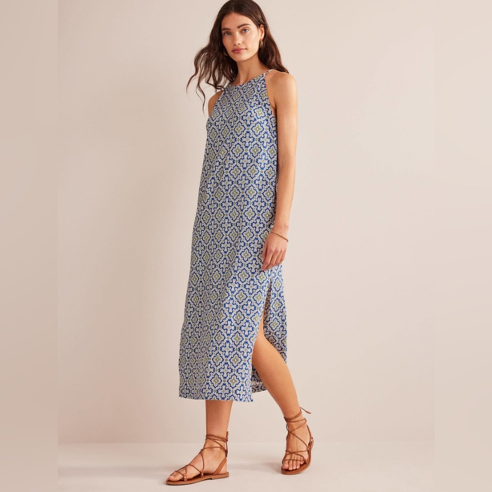 Boden Racer Neck Jersey Midi Dress Blue Heron Pattern Size 6